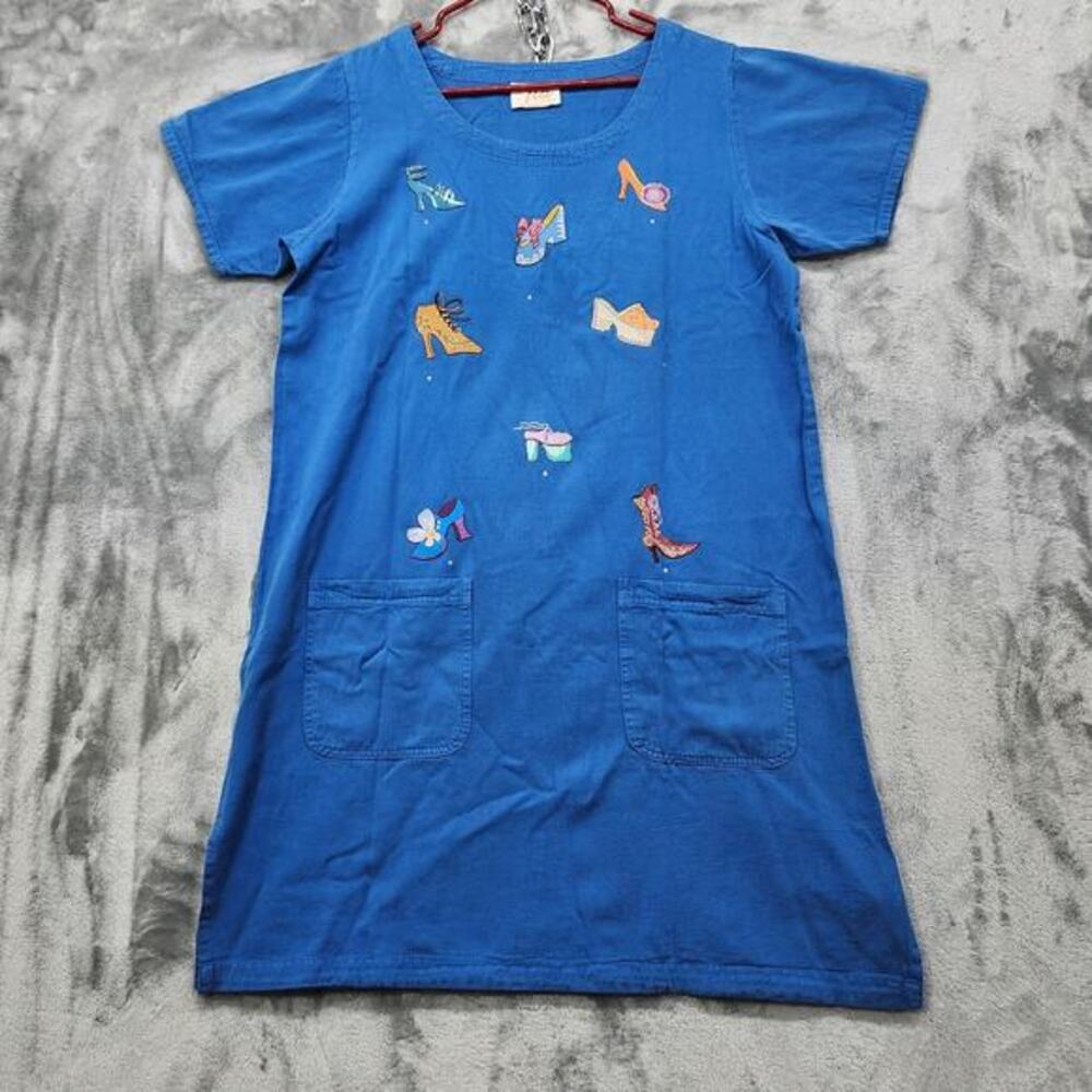 Vintage Tia Designs‎ Dress Womens M Blue Short Sleeves Embroidered Heels Pockets